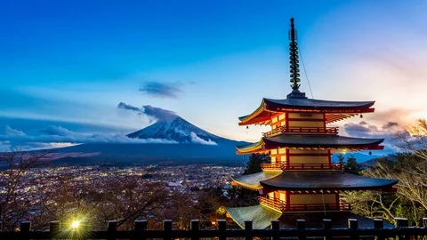 Timelapse of Mt. Fuji with Chureito Pagoda at night, Fujiyoshida, Japan Stock Footage