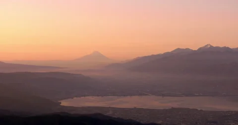 TimeLapse - Mt. Fuji at dawn and the city and lake FIX Stock Footage 160810651