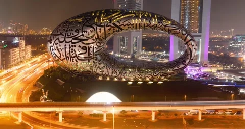 Timelapse of the Museum of the Future in Dubai and Sheikh Zayed road Stock Footage 253567010