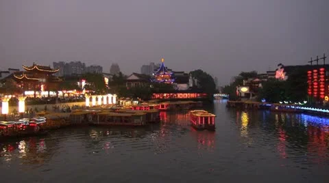 Timelapse of Nanjing Confucius Temple,Qinhuai River in twilight, Channel,China Stock Footage