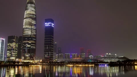 Timelapse Nanshan district of Shenzhen reflected in water 스톡 동영상 118750262