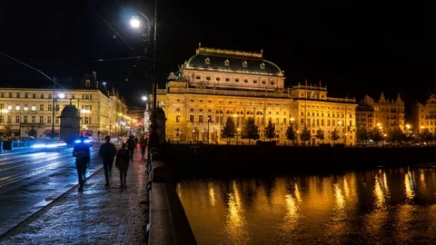 Timelapse National Theatre, Prague, Czech republic, night Stock Footage
