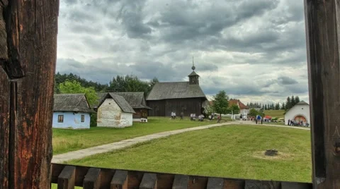 Timelapse of natural museum, view on old wooden church, dolly slider moving. Stock Footage 68242983