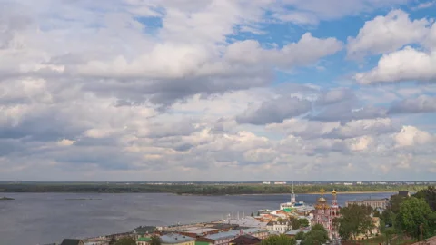 Timelapse of nature landscape. Clouds over river, movement of water and clouds. Stock Footage 218004039