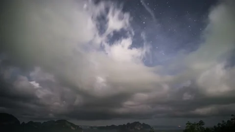 Timelapse in night Cloudy over mountain peaks and milky way before morning Stock Footage 205265782