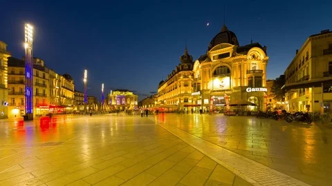 Timelapse of the night Place de la Comédie square in Montpellier Stock Footage 74650441