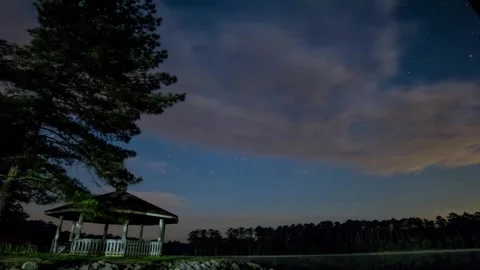 Timelapse of Night Sky and Clouds over Lake with Gazebo Stockbeeldmateriaal 248927875