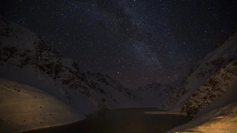 Timelapse of night sky covered in stars shining above valley made of mountains Stock Footage 124239281