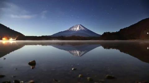 Timelapse of night sky over Mt. Fuji reflecting in Kawaguchiko lake, Japan Stock Footage 257855365