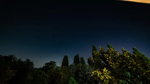 A timelapse of the night sky over some trees on a summers night in Cyprus Stock Footage 250364820