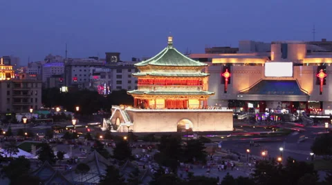 Timelapse of  Night view of the Bell Tower in Xian, China Stock Footage 37178066