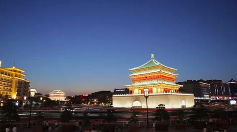 Timelapse of Night view of the Bell Tower in Xian, China Stock Footage 37997683