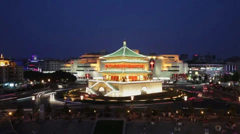 Timelapse of Night view of the Bell Tower in Xian, China Stock Footage 38000035