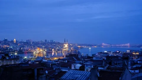 Timelapse Night view of Galata bridge and Tower in Istanbul, Turkey. Galata b Stock Footage 156407593
