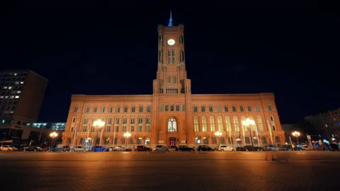Timelapse night view of the Rotes Rathaus in Berlin downtown, Germany. Walking Stock Footage 218487192