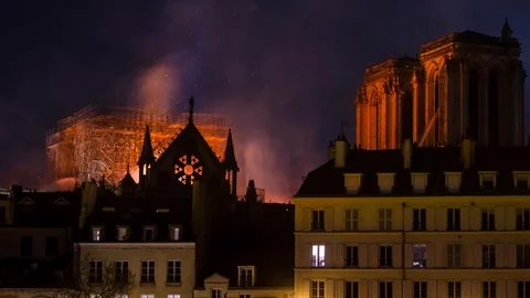 Timelapse of Notre Dame of Paris on Fire at NIght on the 15th of April Stock Footage 106516190