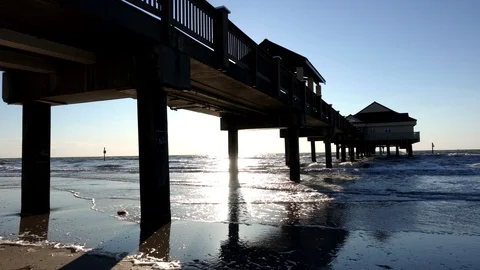 Timelapse Ocean Water Waves Beach Dock Pier Sunset Stock Footage 127843591
