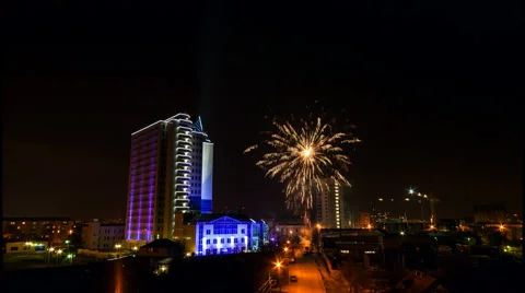 Timelapse to office building during interval shooting fireworks Stock Footage 51812849
