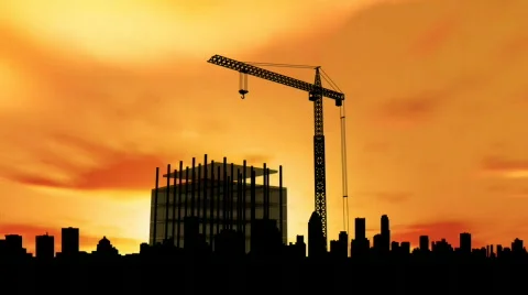 Timelapse of office construction at sunset with city in the background. HD720. Stock Footage 405824