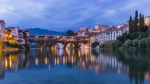Timelapse of the old Bridge of Alpine and the  city of Bassano del Grappa Stock Footage 128320034