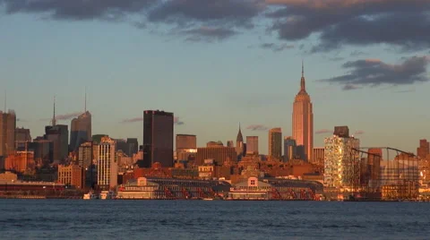 Timelapse orange light over New York City at sunset sunrise enjoy landmark icon Stock Footage 65479013