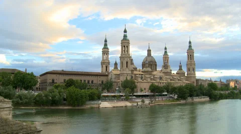 Timelapse over Basilica by the river, clouds on sunset sunlight Stock Footage 38715293