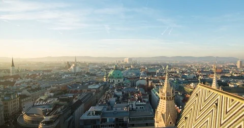 Timelapse over central Vienna from St Stephens Cathedral at dusk Stock Footage 83719376