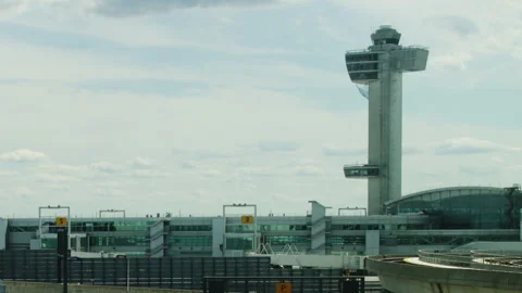 Timelapse overlooking Air Traffic Control Tower JFK International Airport Stock Footage 142169902