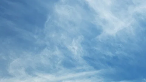 Timelapse of pale blue summer sky filled with wispy white clouds moving through Stock Footage 312076526