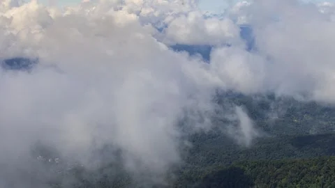 Timelapse pan right of drifting cloud over green mountain forest. Stock Footage 316657125