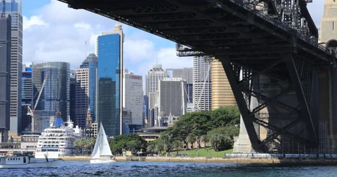 Timelapse pan under Harbour Bridge at Sydney, Australia ferry docks, exclusiv Stock Footage 170508755