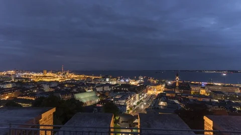 Timelapse Panorama View Of Helsingborg at night, Sweden. 4K, 30P Vídeo Stock 79847976