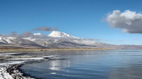 Timelapse: Panoramic View of Plateau Lake and Snow Mountains in Tibet, China Видео 336761784