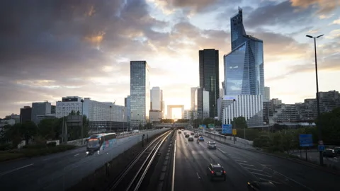 Timelapse, Paris LaDefense at sunset Stock Footage 86482258
