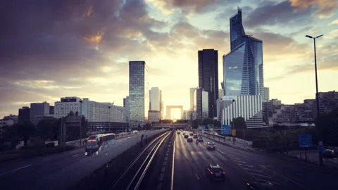 Timelapse, Paris LaDefense at sunset Stock Footage 90280474