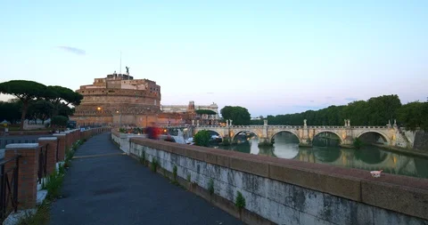 Timelapse of people during sunset at Castel Sant'Angelo in Rome, Italy Stock Footage 99110156
