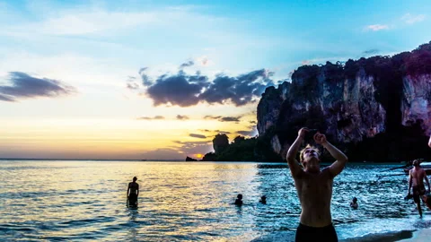Timelapse of the people have fun at the seaside of Krabi, Thailand Stock Footage 105437255