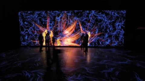 Timelapse: people moving in front of wide AR display with mirror effect Stock Footage 199859568