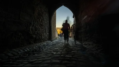 Timelapse of People Moving Through Old Tunnel, Marburg Castle [Shot in 8K] Stock Footage 105301499