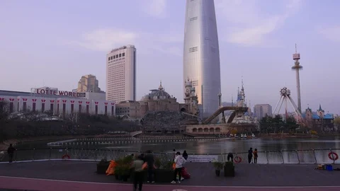 Timelapse people on observation deck against Lotte World Tower, Seoul, South Stock Footage 104565234