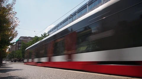 Timelapse of People at Tram Stop in Andel, Prague Stock Footage 93375341