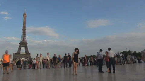 Timelapse people visit Eiffel Tower admire enjoy holiday summer sunny day Paris Stock Footage 34847907