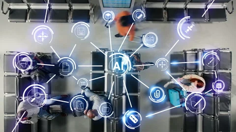 Timelapse of people walking in airport using AI sensors to monitor flow, VFX Stock Footage 334935112