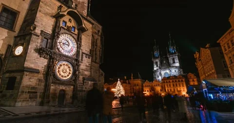 Timelapse of people walking around the Old town square in Prague at night Stock Footage 145821267