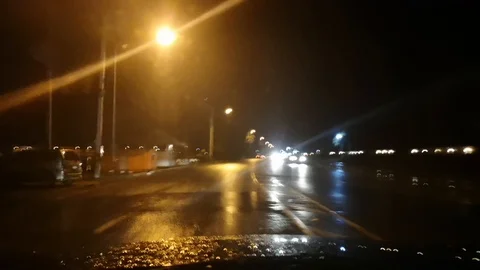 Timelapse point of view of traffic and neon lights on the streets at night Stock Footage 95213518