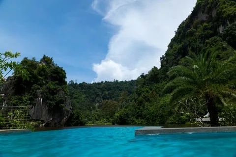 Timelapse of Pool With Palm Trees Between The Mountains Stock Footage 66291787