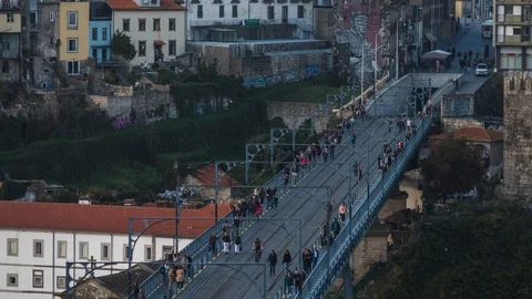 Timelapse porto bridge dom luis people walking and electric tram Stock Footage 99140797