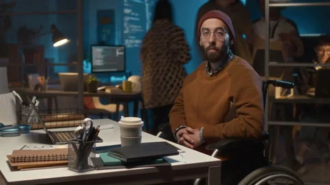 Timelapse Portrait of Male IT Developer in Wheelchair at Workplace Stock Footage 279622368
