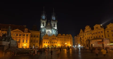 Timelapse of Prague Old Town Hall at night Stock Footage 99019542