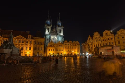 Timelapse of Prague Old Town Hall at night Stock Footage 99019571